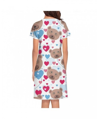 Women Nightdress Blue Brown Bear Head Repeat Short Sleeve Long Skirt Soft Comfortable Casual Pajama - White-62 - C6190ZTO6S4 ...