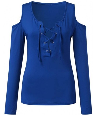 Women Strap Blouse Sexy Lace Up V-Neck Off Shoulder Long Sleeve Shirt Tops Tunics - Blue - C5193GMNNCE $26.48 Baby Dolls & Ch...