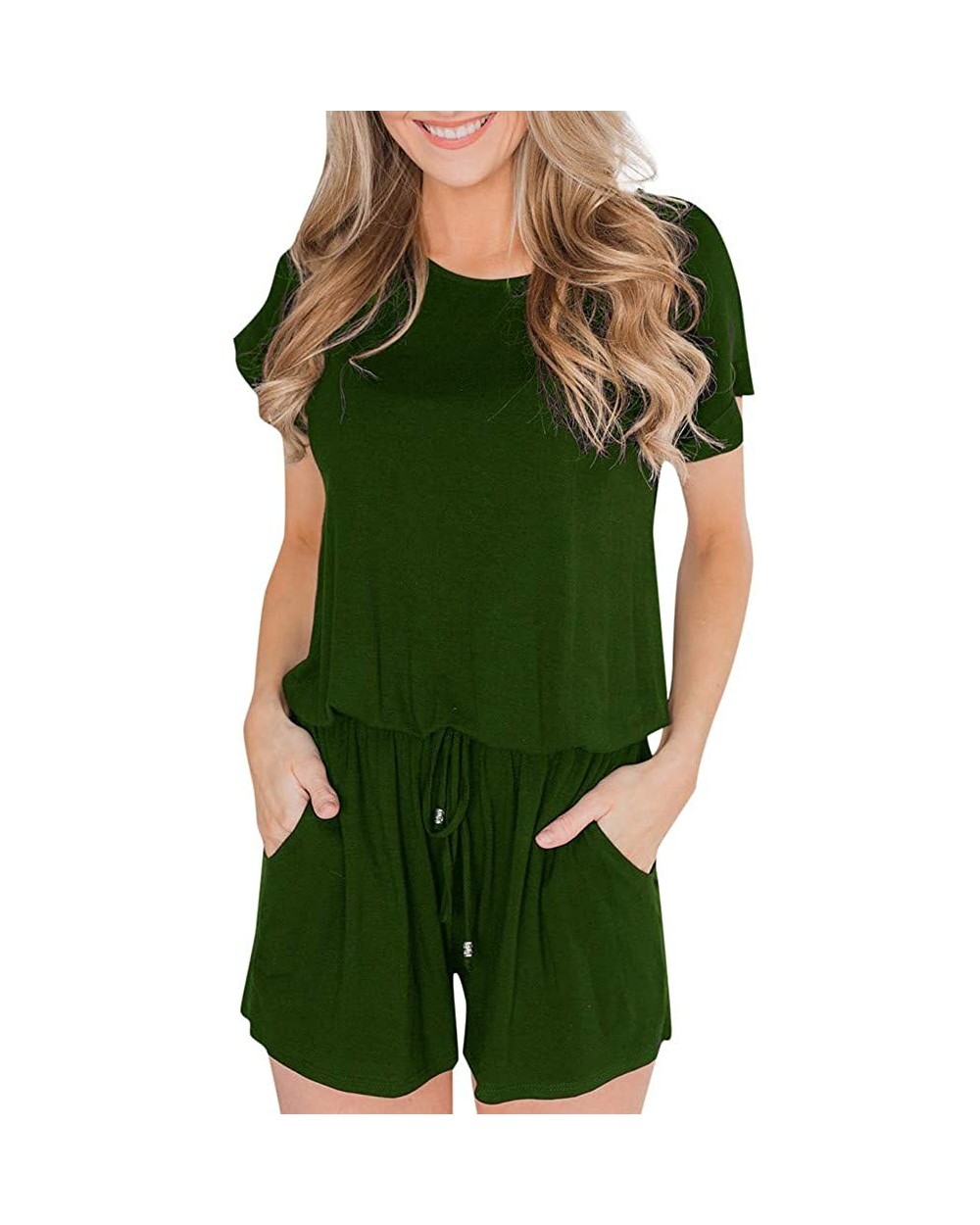 Womens Summer Playsuit Short Sleeve Striped Jumpsuit with Pockets Short Rompers - Green - CJ18S6YKE5T $29.00 Thermal Underwear