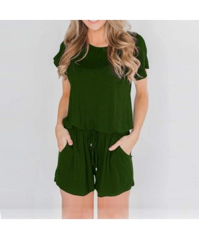 Womens Summer Playsuit Short Sleeve Striped Jumpsuit with Pockets Short Rompers - Green - CJ18S6YKE5T $29.00 Thermal Underwear