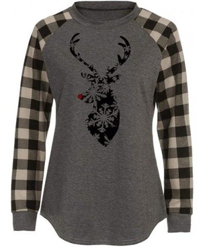 Merry Christmas Shirt Christmas Elk Print Long Sleeve Raglan T Shirt Women Plaid Splicing Casual Tops Blouse Gray 2 - C0192KD...