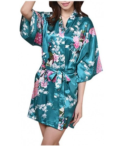 Women's Nightgown Ladies Silk Spaghetti Belt Peacock Peony Printing Cardigan Robe Bathrobe Home Nightdress Pajamas - Mint Gre...