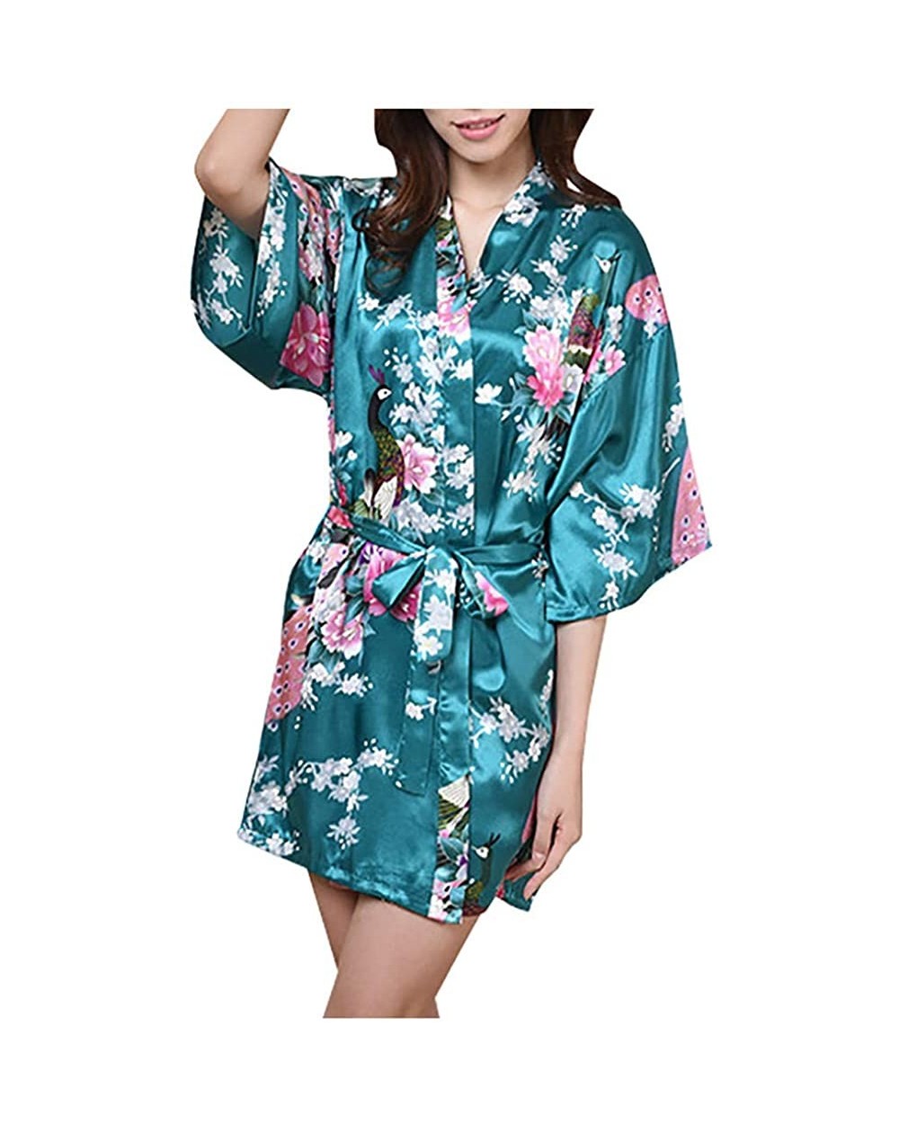 Women's Nightgown Ladies Silk Spaghetti Belt Peacock Peony Printing Cardigan Robe Bathrobe Home Nightdress Pajamas - Mint Gre...