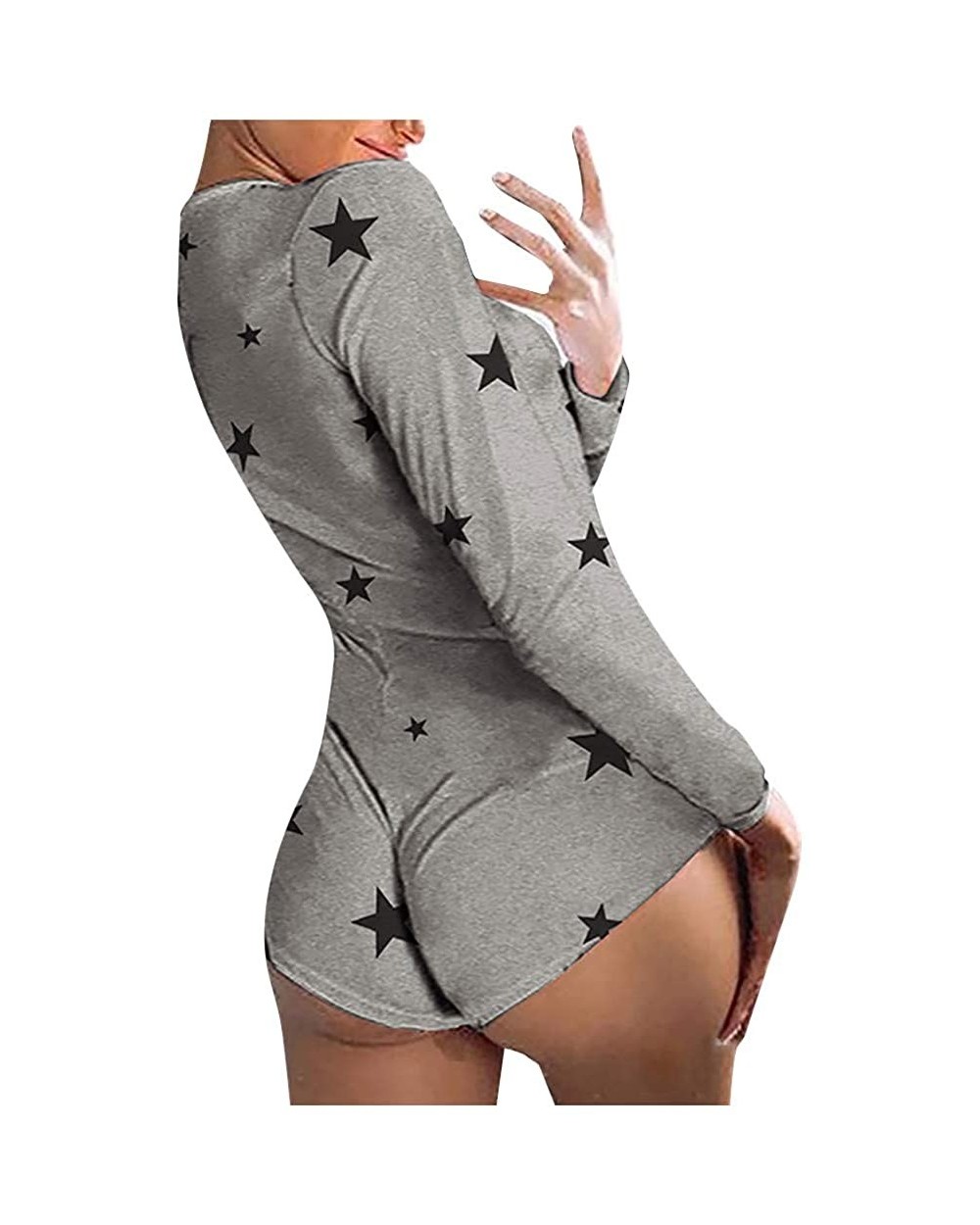 Women's Sexy V Neck Fashion Jumpsuit Button Down Fitness Long Sleeve Bodycon Rompers Sleepwear Overall (Gray- S) - CI19CXN7SN...