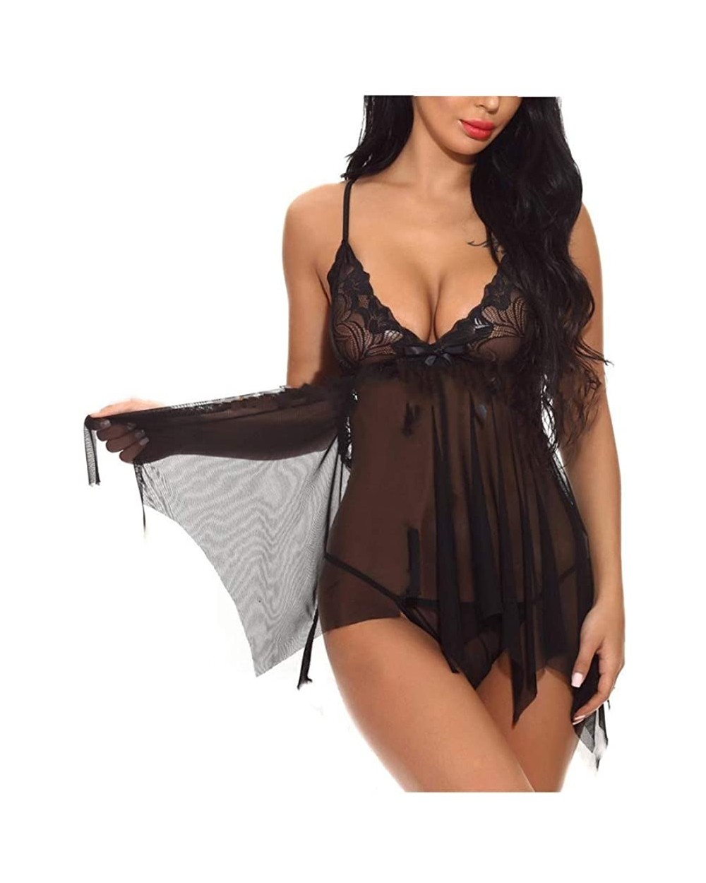 Women Fashion Sexy Bow Lace Sleepwear Lingerie Temptation Underwear Nightdress - Black - CR19835OSLN $13.86 Robes