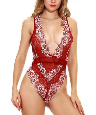 One Piece Bodysuit for Women Sexy Deep V Neck Floral Embroidery Teddy Lingerie Strap Backless Jumpsuit Sleepwear Wine - CW192...