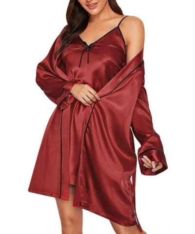 Women Sleepwear Sets Sexy Sleeveless Solid Sleep Dress Long Sleeve Kimono Robe Satin Pajamas Bathrobe Dress 2 PC Set - Red - ...