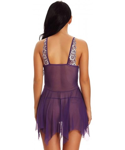 Women Lace Lingerie Front Closure Babydoll V Neck Nightwear Sexy Chemise Nightie - Purple - CC18Z2MD2OL $22.67 Tops