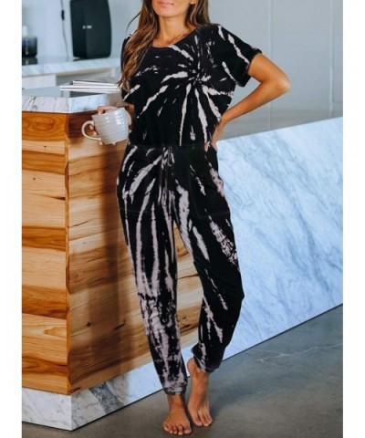 Womens Tie Dye Printed Pajamas One Piece Short Sleeve Jumpsuits Loungewear PJs Nightwear with Pockets - Black - CY1985LI5XW $...