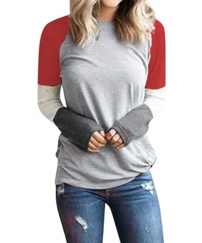 Women's Long Sleeve Color Block Cute Shirt Round Neck Casual Tops - Red - CI18Y6LWYYY $19.75 Thermal Underwear