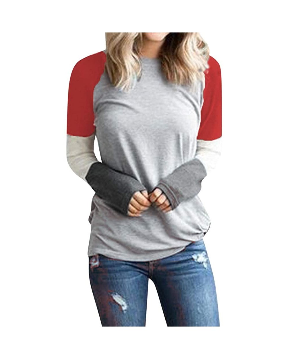 Women's Long Sleeve Color Block Cute Shirt Round Neck Casual Tops - Red - CI18Y6LWYYY $19.75 Thermal Underwear