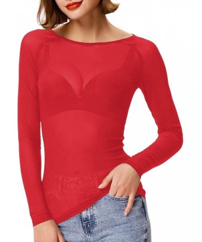 Women's Basic Long Sleeves Mesh Sheer Tops - Red - C118SIHZLAY $22.69 Shapewear