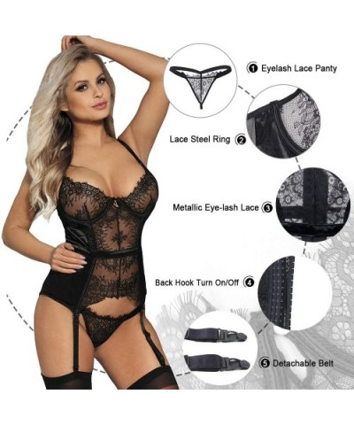 Women Lace Babydoll Plus Size Teddy Lingerie Set with Garter Belts Lace Bodysuit M-5XL - Black1 - C219EYIQKI4 $27.50 Shapewear