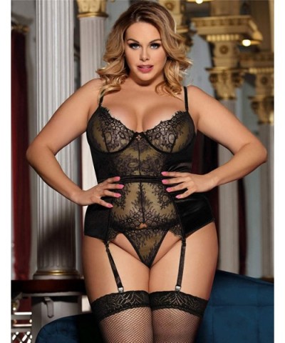 Women Lace Babydoll Plus Size Teddy Lingerie Set with Garter Belts Lace Bodysuit M-5XL - Black1 - C219EYIQKI4 $27.50 Shapewear