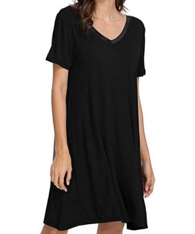 Long Nightgown Womens Loungewear Short Sleeve Sleepwear Full Length Sleep Shirt with Pockets Sexy Nighty B black - CR197X2TW9...