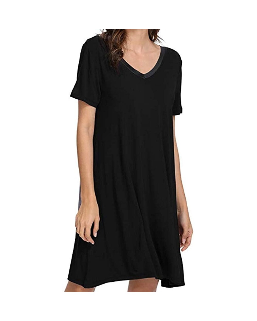 Long Nightgown Womens Loungewear Short Sleeve Sleepwear Full Length Sleep Shirt with Pockets Sexy Nighty B black - CR197X2TW9...