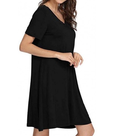 Long Nightgown Womens Loungewear Short Sleeve Sleepwear Full Length Sleep Shirt with Pockets Sexy Nighty B black - CR197X2TW9...