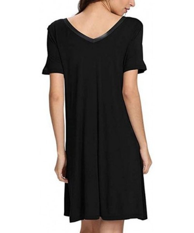 Long Nightgown Womens Loungewear Short Sleeve Sleepwear Full Length Sleep Shirt with Pockets Sexy Nighty B black - CR197X2TW9...