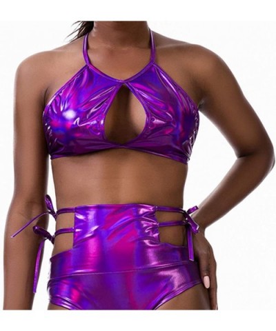 Women's Metallic Keyhole Cutout Backless Halter Festival Rave Crop Tu. - Style A-purple - CD18WYL4605 $15.35 Camisoles & Tanks