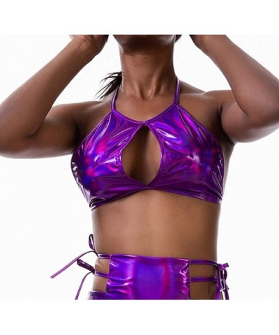 Women's Metallic Keyhole Cutout Backless Halter Festival Rave Crop Tu. - Style A-purple - CD18WYL4605 $15.35 Camisoles & Tanks