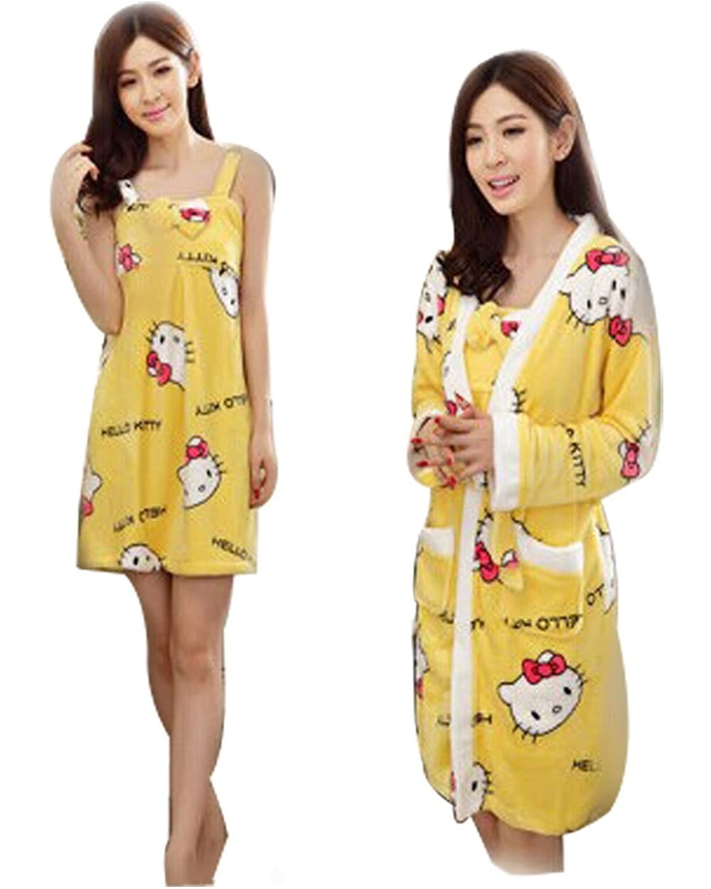 Cute Cartoon Pattern Kitty Cat Lady Flannel Nightgown-2 Pieces Bathrobe-Yellow - C811S821VQL $78.44 Robes