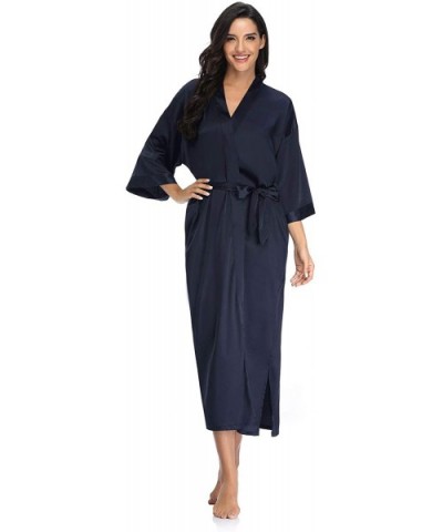 Womens Long Satin Kimono Robes Sleepwear Lightweight Printed Comfy Full Length Nightgown Soft Spa Bathrobe Bridal Party - Nav...