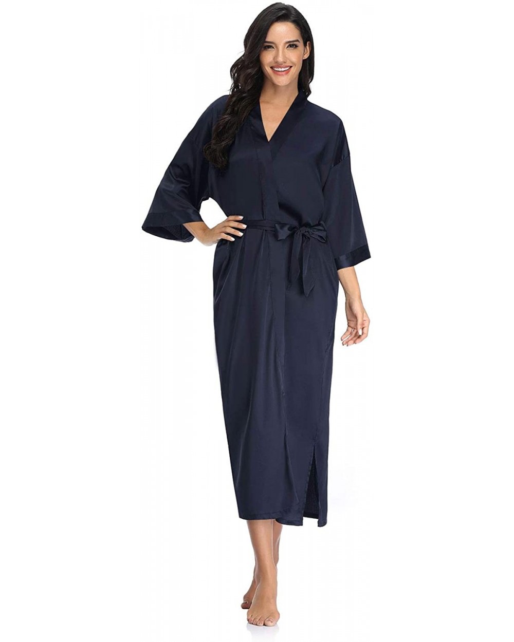 Womens Long Satin Kimono Robes Sleepwear Lightweight Printed Comfy Full Length Nightgown Soft Spa Bathrobe Bridal Party - Nav...