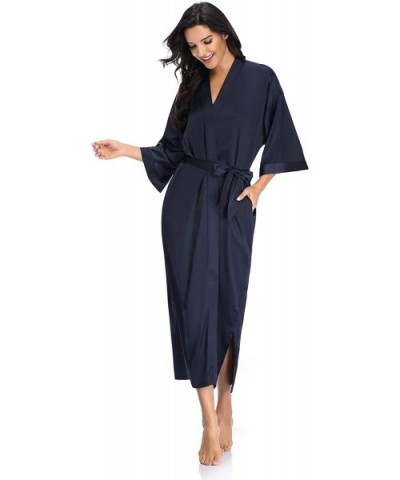 Womens Long Satin Kimono Robes Sleepwear Lightweight Printed Comfy Full Length Nightgown Soft Spa Bathrobe Bridal Party - Nav...