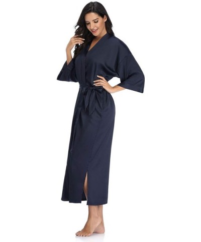 Womens Long Satin Kimono Robes Sleepwear Lightweight Printed Comfy Full Length Nightgown Soft Spa Bathrobe Bridal Party - Nav...