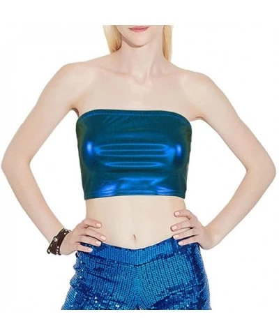 Women Metallic Strapless Crop Tube Tops Bandeau Bra - Blue - CV18KGQ64R9 $13.57 Camisoles & Tanks