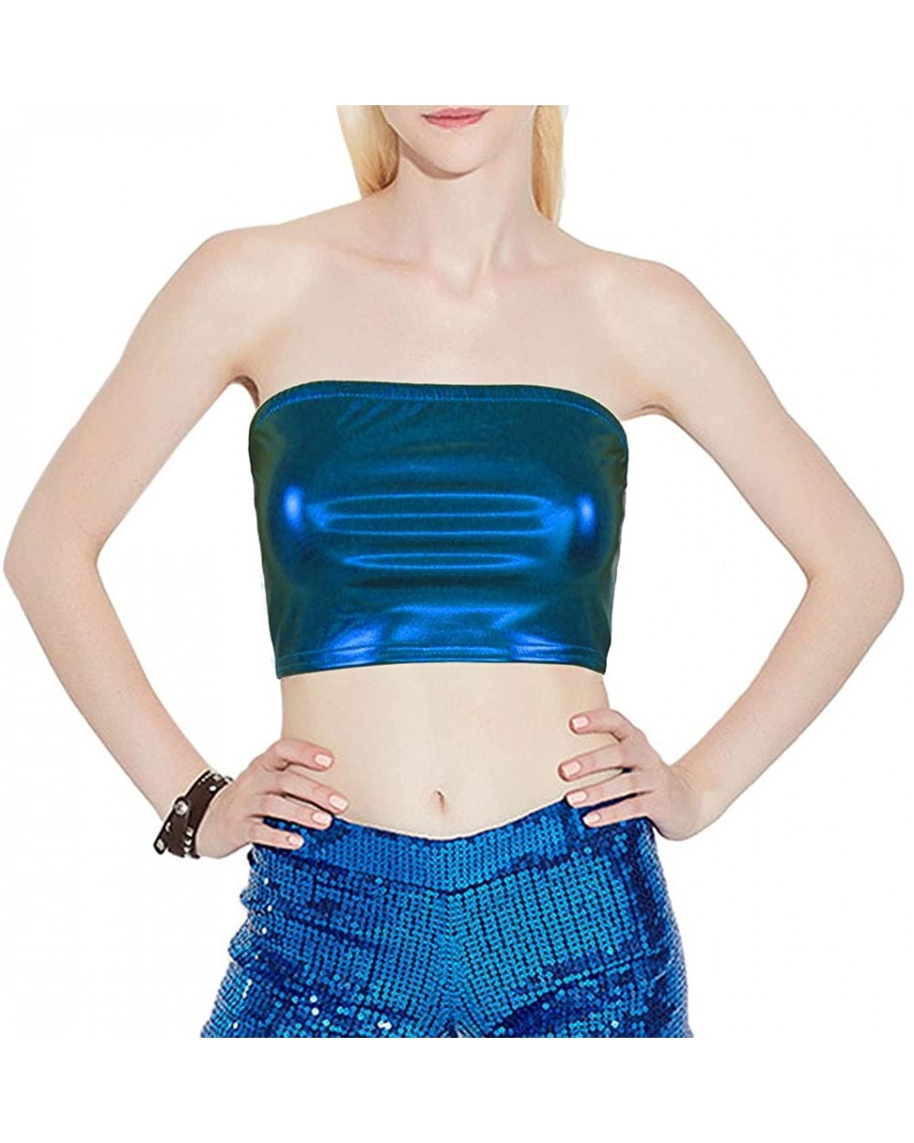 Women Metallic Strapless Crop Tube Tops Bandeau Bra - Blue - CV18KGQ64R9 $13.57 Camisoles & Tanks