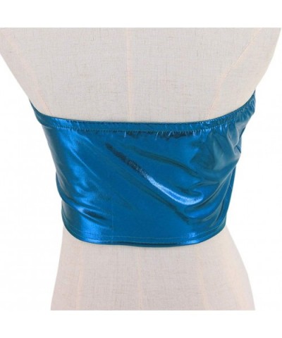 Women Metallic Strapless Crop Tube Tops Bandeau Bra - Blue - CV18KGQ64R9 $13.57 Camisoles & Tanks