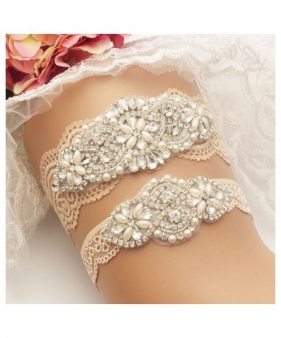 Wedding Bridal Garter Set Champagne Stretch Lace with Silver Rhinestone Clear Crystal Pearl for Prom Bridesmaid Dress - Silve...