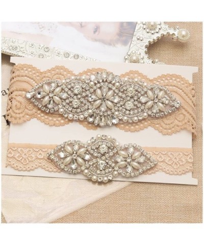 Wedding Bridal Garter Set Champagne Stretch Lace with Silver Rhinestone Clear Crystal Pearl for Prom Bridesmaid Dress - Silve...