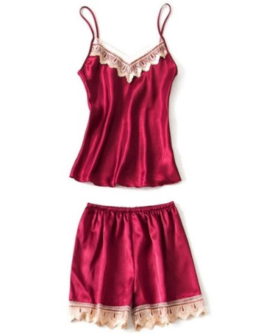 Women 4 Pieces Pajamas Sets Seperate Rayon Satin Silk Striped Pajamas Women Sleepwear Sets - Wine Red 2pcs - C518YLMWNSR $47....