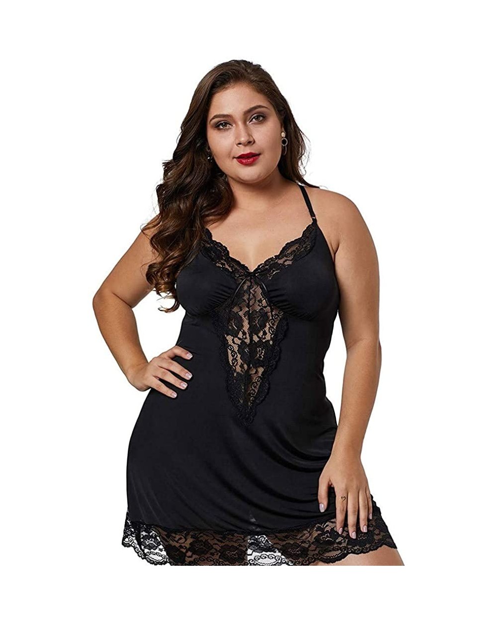 Pajamas Set Women Lace Lingerie Deep V-Neck Sleepwear Underwear Dress G-String Nightdress - Black - C718XQDMKD0 $16.36 Bustie...