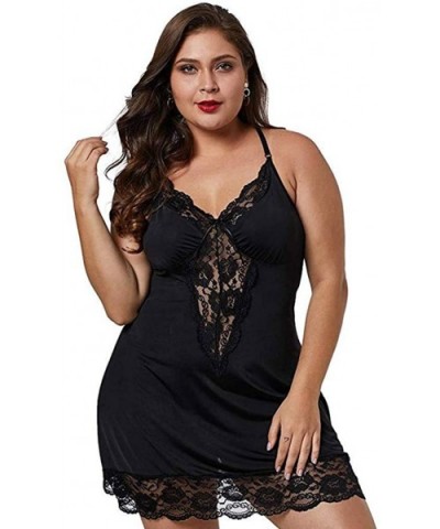 Pajamas Set Women Lace Lingerie Deep V-Neck Sleepwear Underwear Dress G-String Nightdress - Black - C718XQDMKD0 $16.36 Bustie...