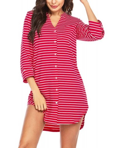 Women's Nightgown Striped Sleepwear 3/4 Sleeves Nightshirts Soft Button Sleep Dress - Red Striped - C818A5ULTGH $37.28 Nightg...