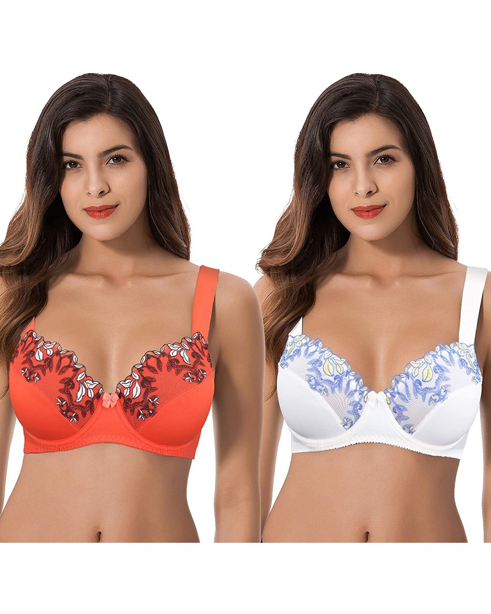 Women Plus Size Minimizer Underwire Unlined Bra with Embroidery Lace - Buttermilk- Cherry Tomato(2 Pack) - CX18T4KG393 $41.48...