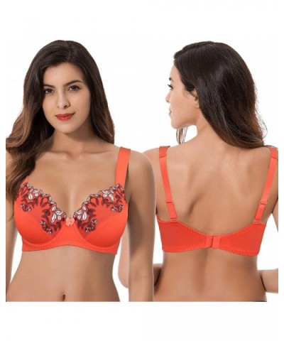 Women Plus Size Minimizer Underwire Unlined Bra with Embroidery Lace - Buttermilk- Cherry Tomato(2 Pack) - CX18T4KG393 $41.48...