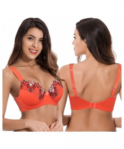 Women Plus Size Minimizer Underwire Unlined Bra with Embroidery Lace - Buttermilk- Cherry Tomato(2 Pack) - CX18T4KG393 $41.48...