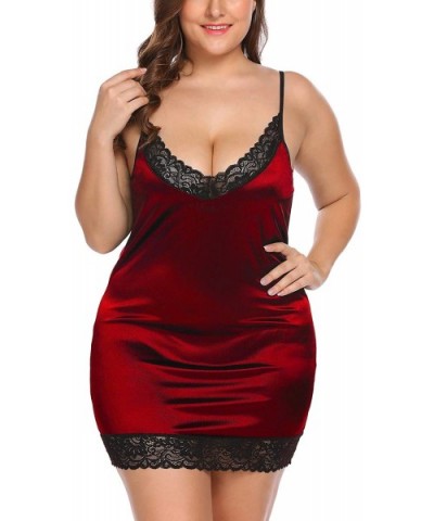 Women's Plus Size Lingerie Deep V-Neck Chemise Lace Full Slip Adjustable Spaghetti Strap Nighty Under Dress - Red - C618XHQIL...