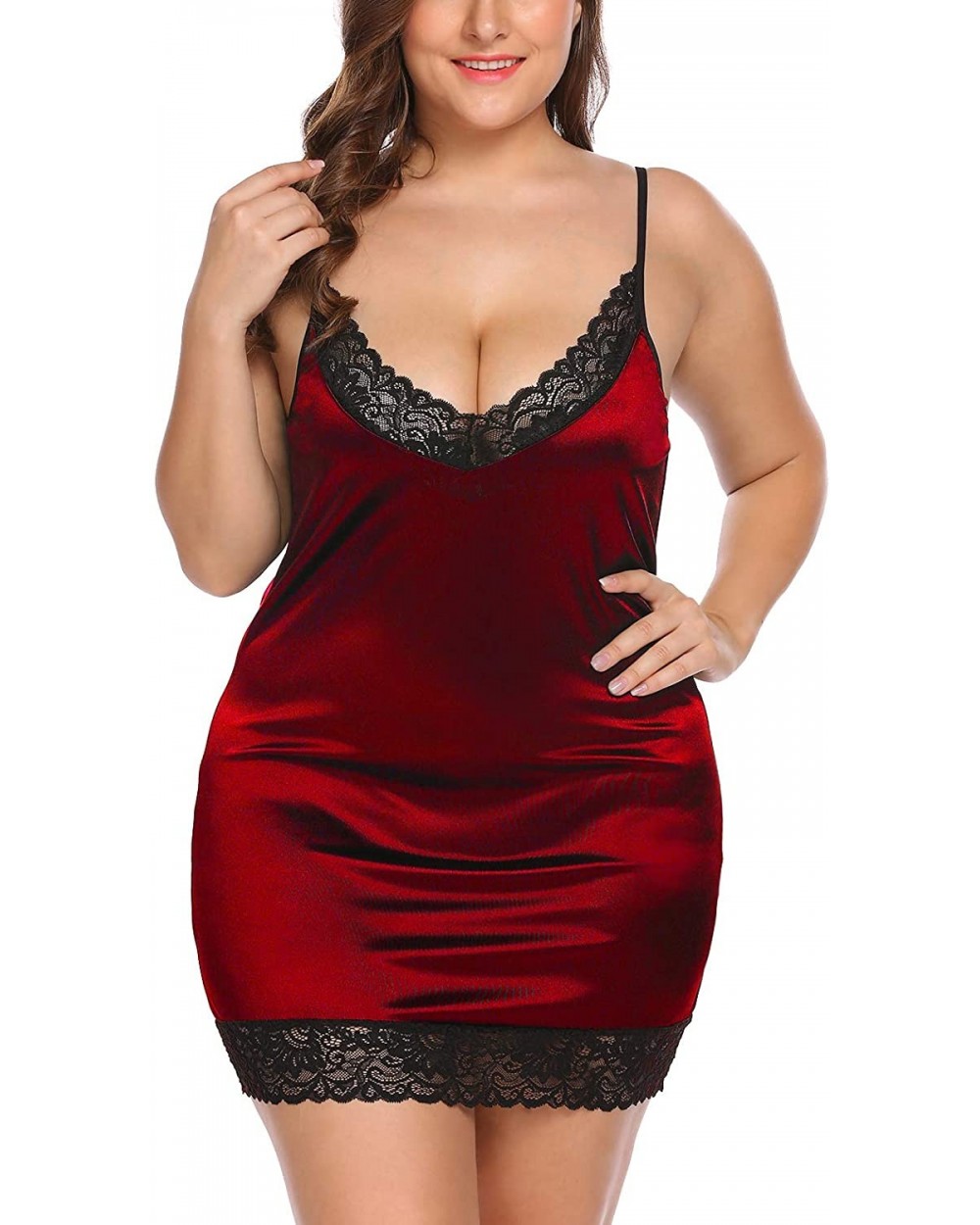 Women's Plus Size Lingerie Deep V-Neck Chemise Lace Full Slip Adjustable Spaghetti Strap Nighty Under Dress - Red - C618XHQIL...