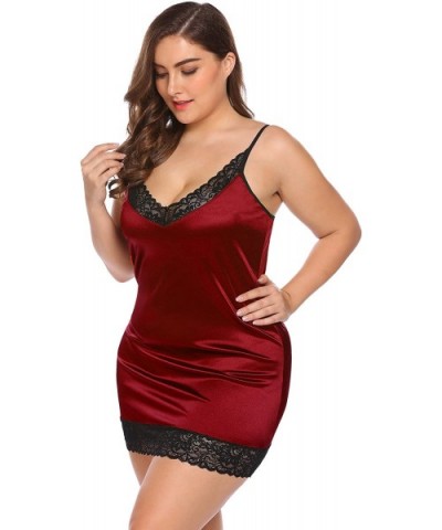 Women's Plus Size Lingerie Deep V-Neck Chemise Lace Full Slip Adjustable Spaghetti Strap Nighty Under Dress - Red - C618XHQIL...