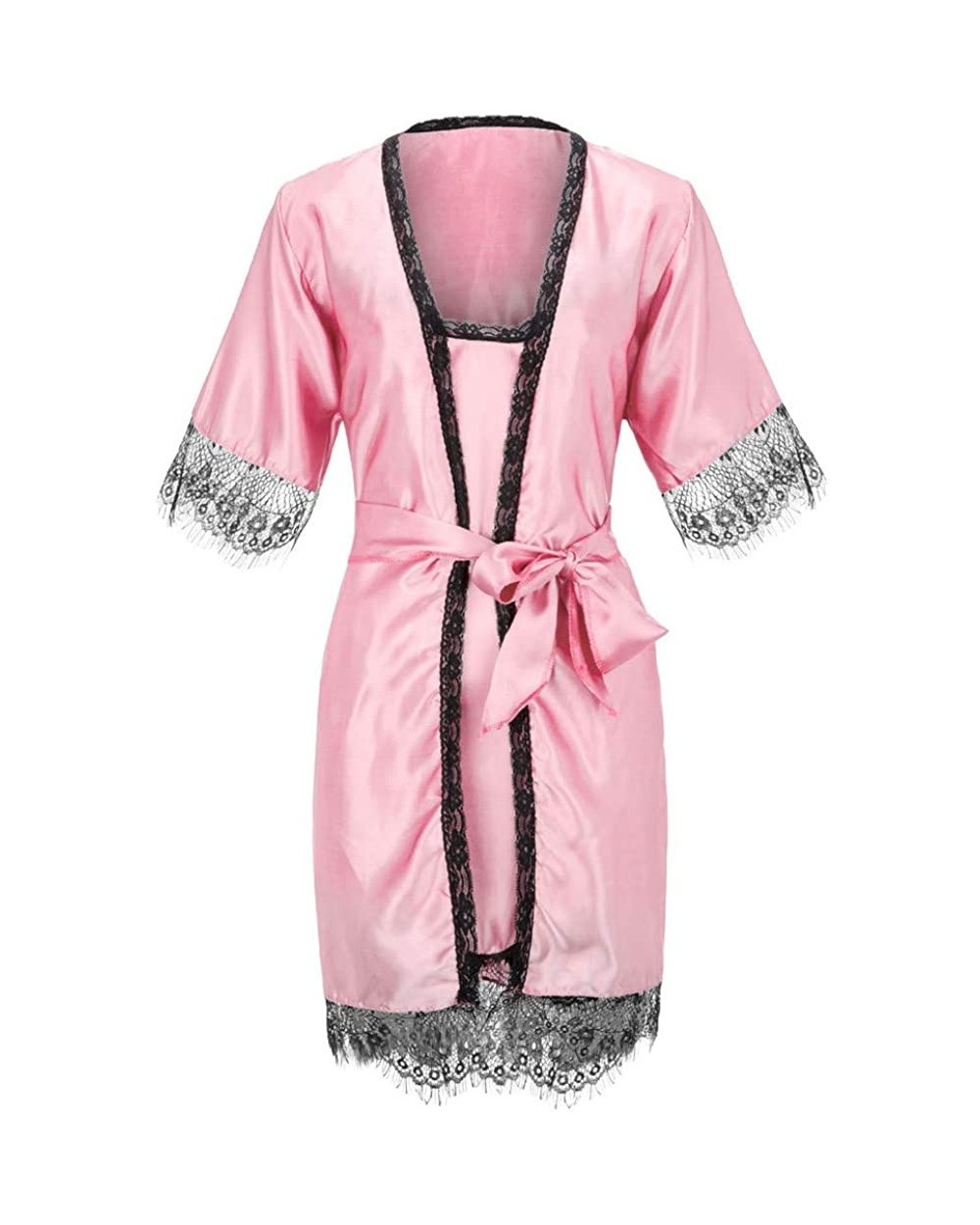 Women Stain Lace Silk Lingerie Nightdress Robe Pajamas Bathrobe Sleepwear Set - Pink - CS18U6DWMCM $21.02 Slips