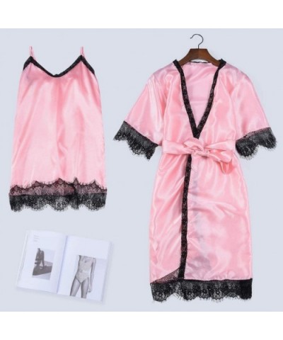 Women Stain Lace Silk Lingerie Nightdress Robe Pajamas Bathrobe Sleepwear Set - Pink - CS18U6DWMCM $21.02 Slips