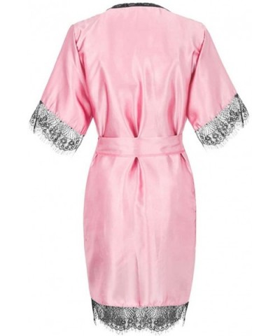 Women Stain Lace Silk Lingerie Nightdress Robe Pajamas Bathrobe Sleepwear Set - Pink - CS18U6DWMCM $21.02 Slips