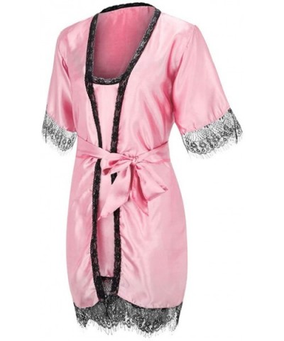 Women Stain Lace Silk Lingerie Nightdress Robe Pajamas Bathrobe Sleepwear Set - Pink - CS18U6DWMCM $21.02 Slips