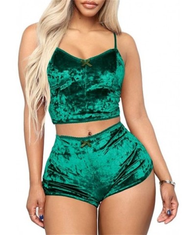 Women Sexy Velvet 2 Piece Outfit Spaghetti Strap Sleeveless Crop Top+ Shorts Set - 1-green - CZ193Y0ZY08 $41.08 Sets