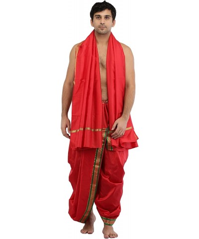 Ready to Wear Dhoti and Angavastram Set with Woven Golden Border - Bittersweet Red - CU1857O2U2Q $62.04 Sleep Sets